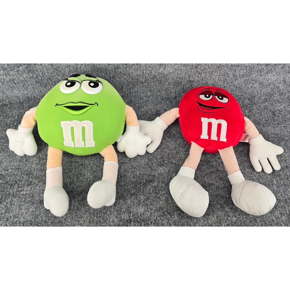 2 M&Ms Plushies Red and Vintage Green Character Toys Plush 12" Mars Candy Lot